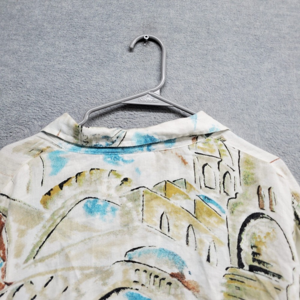 Chico's Women Top 3 Blue Water Paint City Graphic Linen Beach Button Up Collar View 6